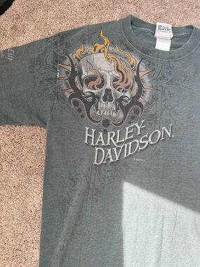Vintage Harley-Davidson Green Skull Flame Graphic Hanes beefy emerald city Y2K